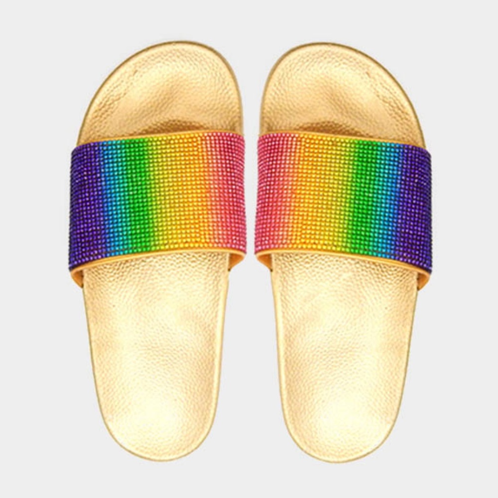 Rainbow Pride Crystal Pave Slide Sandal Slippers